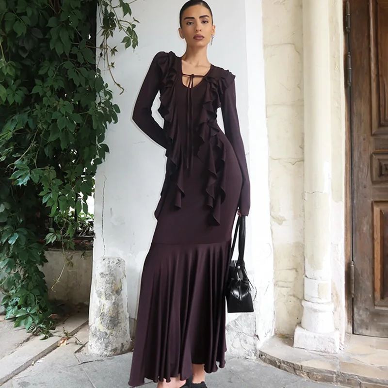 

Ticketsx Fashion Ruffle Slim Long Dress Solid Lace Up Ruched Long Sleeve Dress Women New Elegant Vacation Party Clubwear Dress