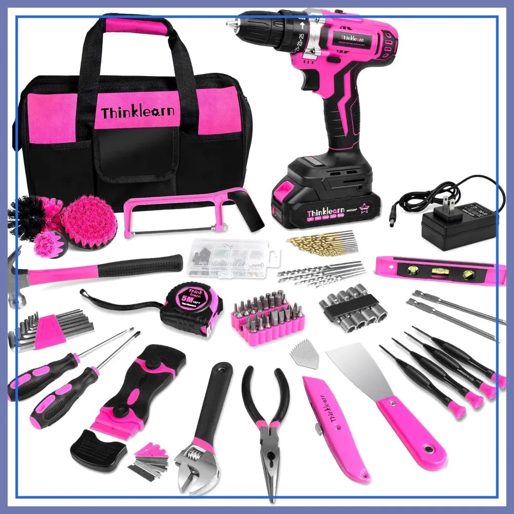 

20V Cordless Drill Tool Kit, 265in-lbs Pink Home Repair Set for Women with Storage Bag