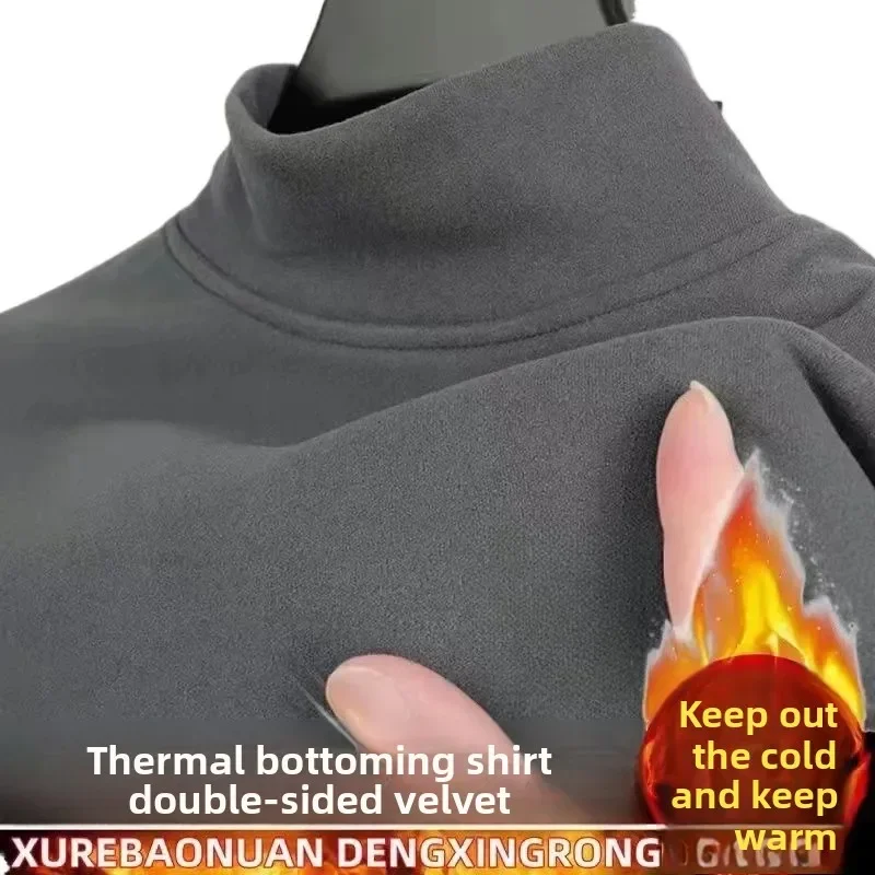 سميكة على الوجهين الصوف الرجال طويلة الأكمام تي شيرت الشتاء الدافئة قاعدة طبقة أعلى المخملية لباس غير رسمي دون قبعة