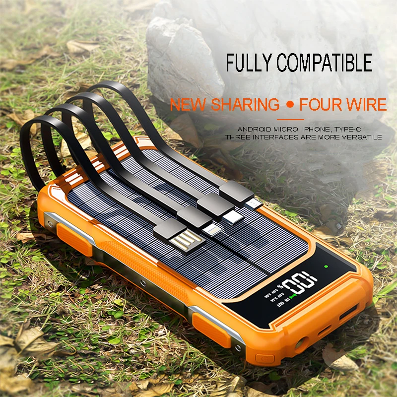 

New 100000mAh Large Capacity Solar Power Bank Portable With Lanyard Compass External Battery Outdoor Camping Charging Powerbank