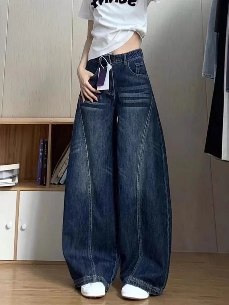 

Большие размеры, американские джинсовые джинсы, женские свободные брюки с высокой талией, прямые широкие брюки для грушевого тела, осенняя одежда