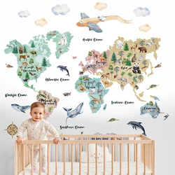 Cartoon Watercolor Kids World Map Animal Wall Sticker Playroom Baby Nursery Jungle Wildlife Forest Wall Decal Bedroom Decor