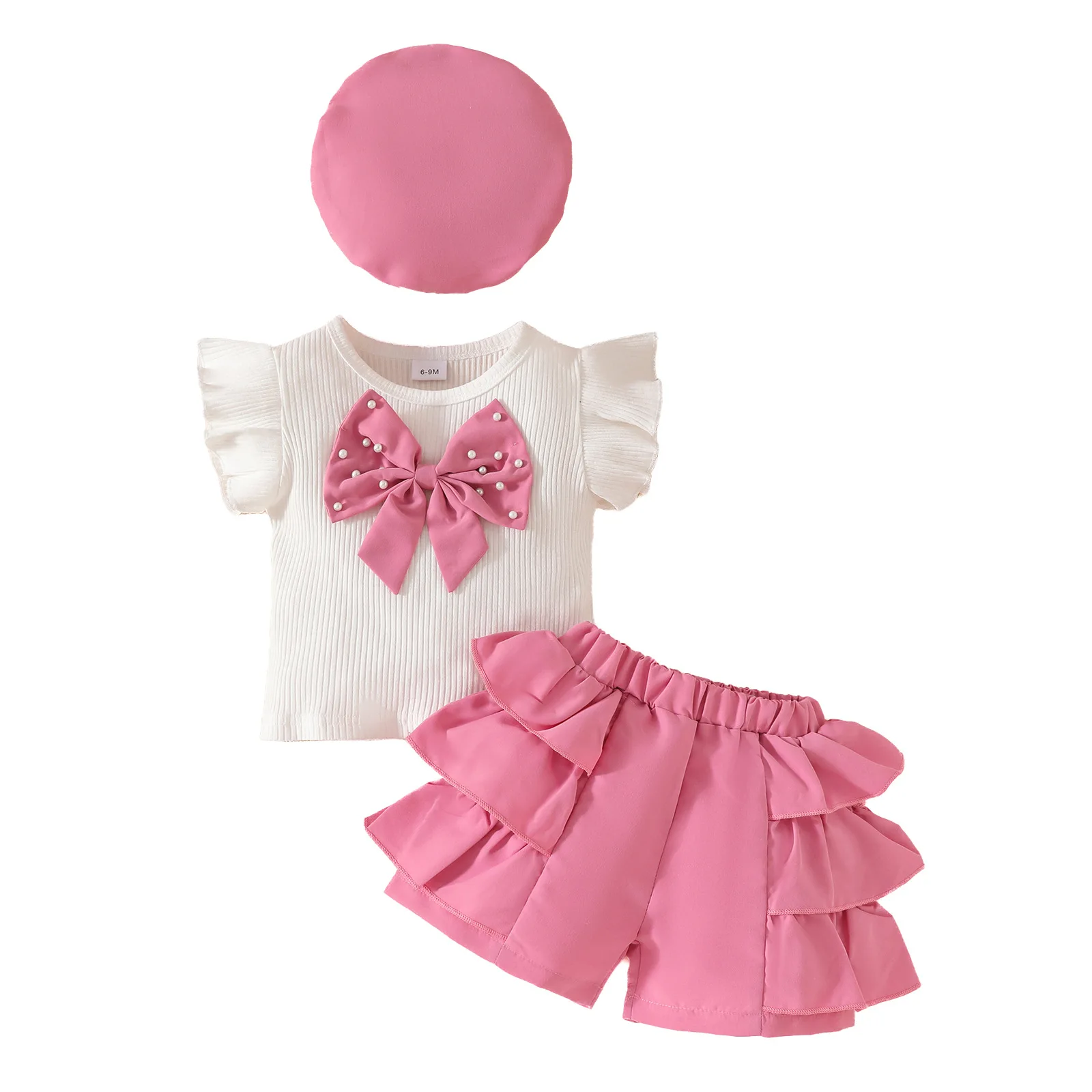 

Одежда для малышей От 1 до 3 лет, новый стиль, топ с большим бантом и рюшами для маленьких девочек, многослойные шорты, комплект беретов