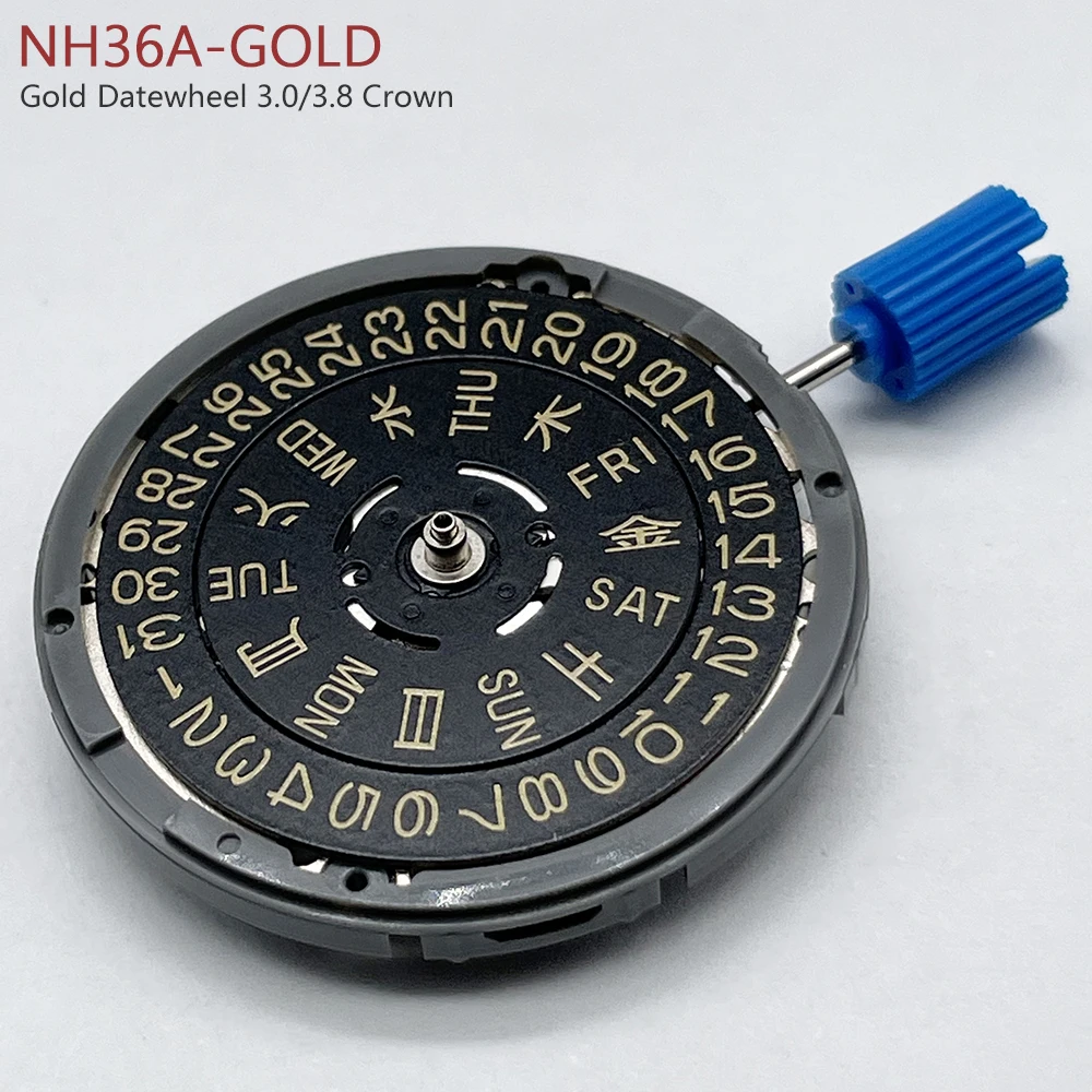 Japan Genuine NH36A Movement Golden Disc/Datewheel Crown at 3.0/3.8 Mod Replacement Mechanism 24 Jewels NH36 Japanese Version