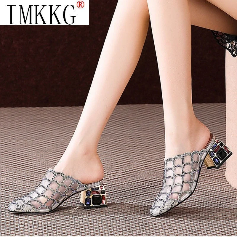 Rhinestone Half Slippers Women\'s Thick Heel 2022 New Summer Fashion Outwear High Heel Mesh Sandals Women\'s Soft Bottom Mules