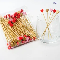 50Pcs/set Red Heart Fruit Sticks Disposable Bamboo Sticks Wedding Party Supplies Bridal Shower Girls Birthday Party Decor