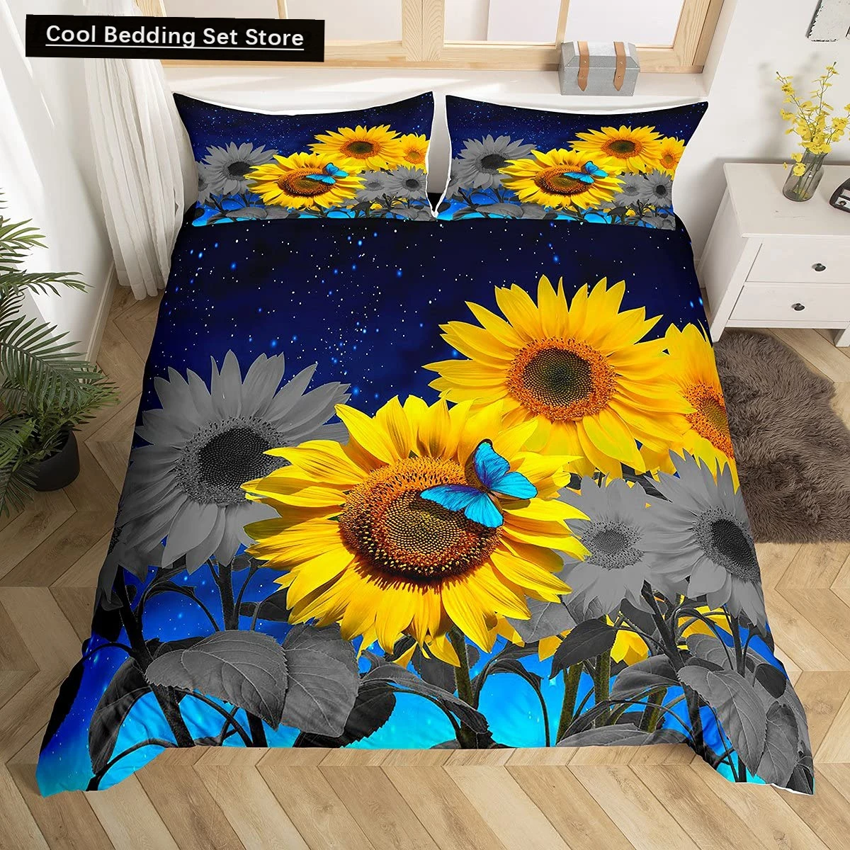 

Yellow Sunflower King Queen Bedding Set Blossom Flowers Duvet Cover Blue Butterfly Floral Quilt Cover Polyester Comforter Cover