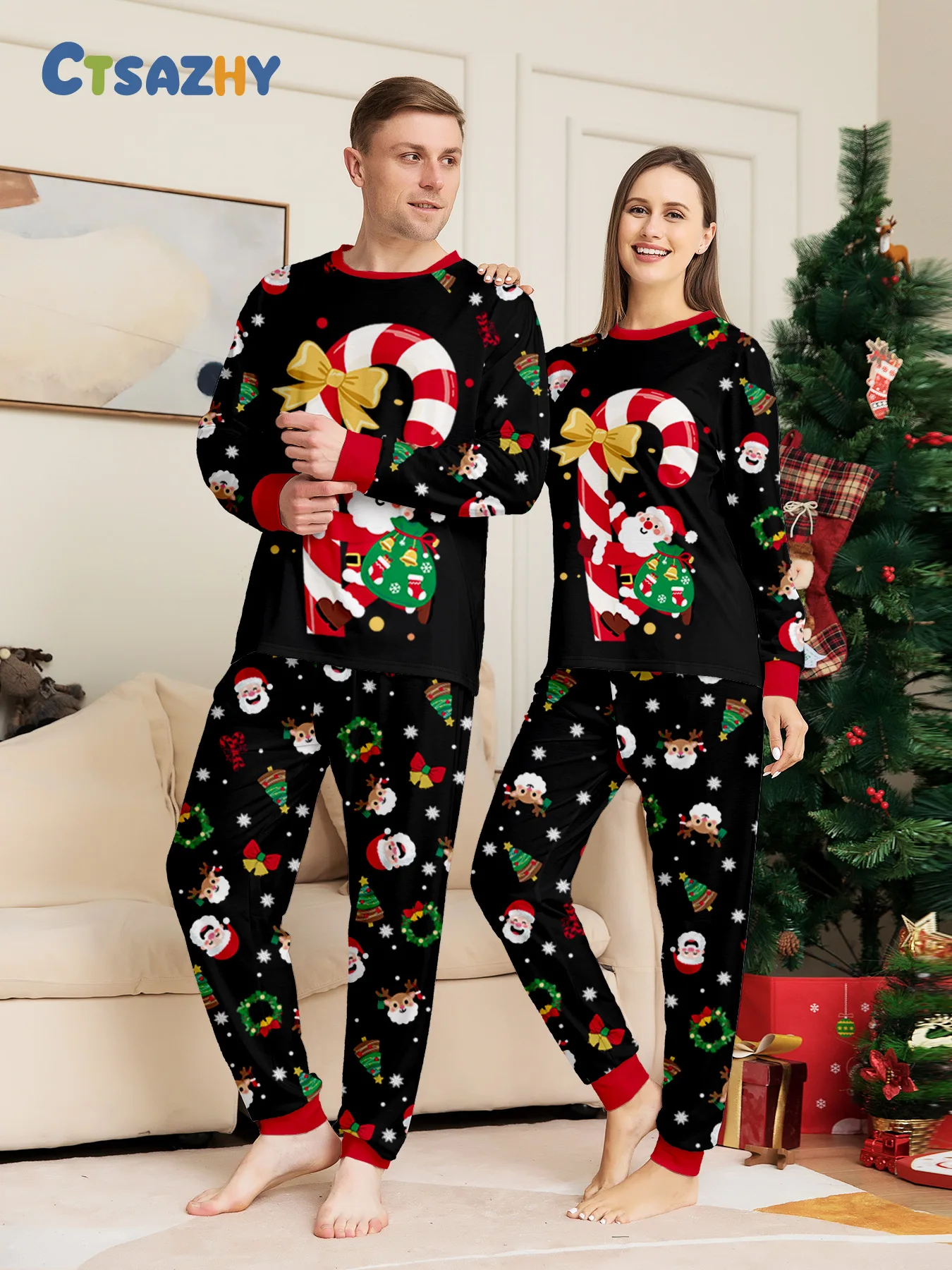 Family Christmas Pajamas Matching Sets Adult And Kids Xmas Black All Print T-Shirts Tops+Pants Baby Romper Loungewear Pyjamas