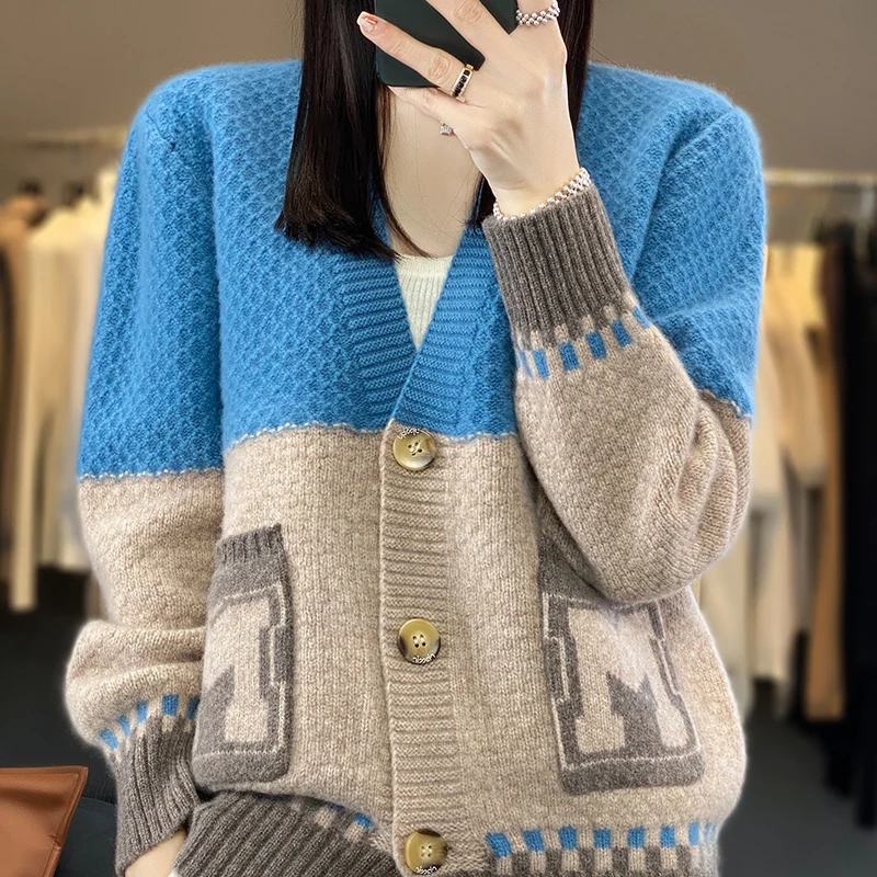 100% Cashmere Wool V-neck Cardigan Women 2023 Autumn/Winter New Knitted Sweater Jacket High Quality Soft Loose Large Coat Female