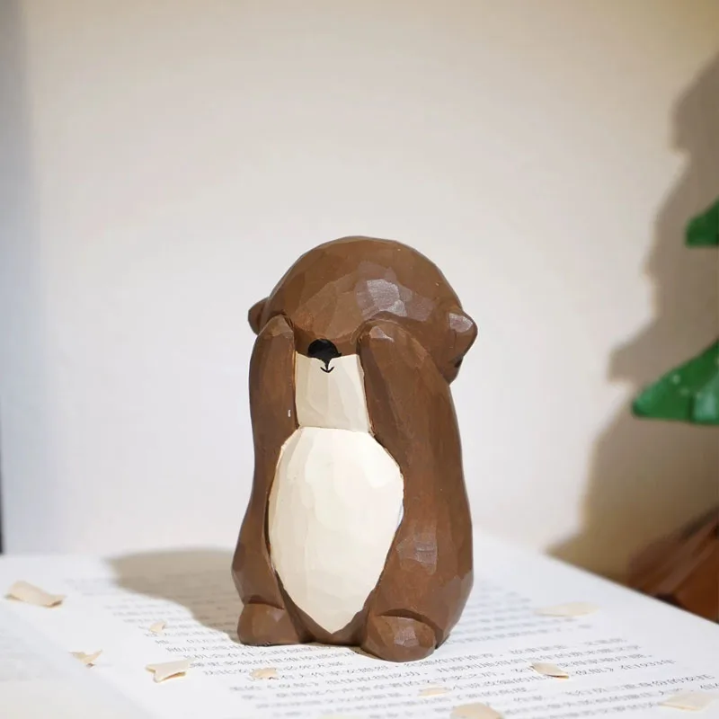 Nordic Sea Otter Sculpture Handmade Wood Carving Ornaments Living Room Office Tabletop Animal Furnishings Crafts Birthday Gifts