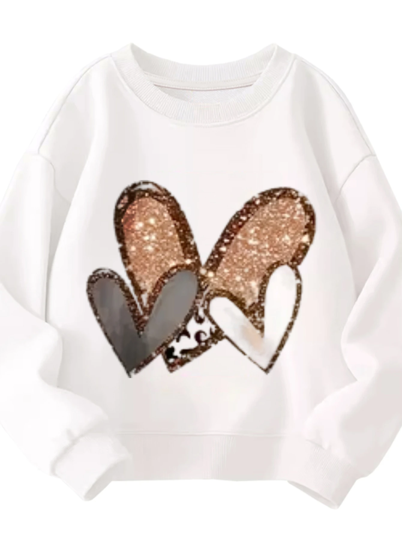 

Детский свитшот с круглым вырезом, блестящие леопардовые сердечки, шикарный блестящий повседневный белый пуловер с рисунком для милых нарядов