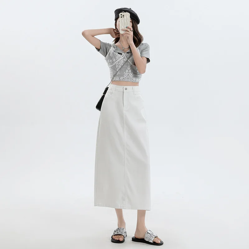 

White Tencel Short A-line Long Skirt 2024 New Summer High Waist Slimming Temperament Commuting Non Elastic Denim Skirt for Women