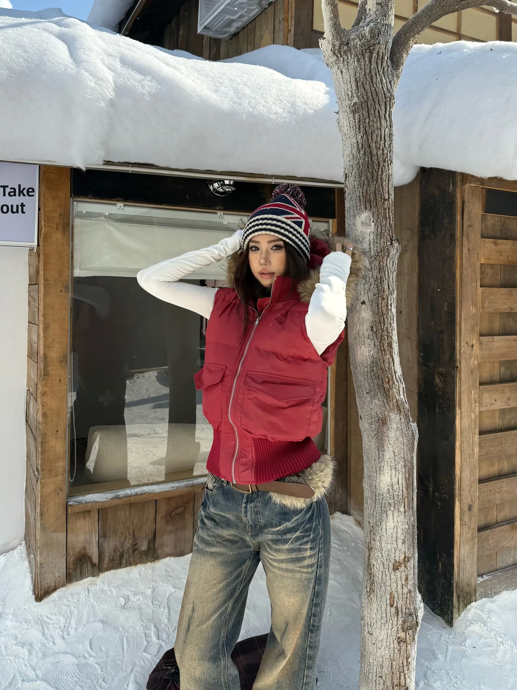 

Lazy Chic American Retro ex Svel Detachable Fur Collar Cotton Vest Women's Winter Loose Casual Layering Outerwear