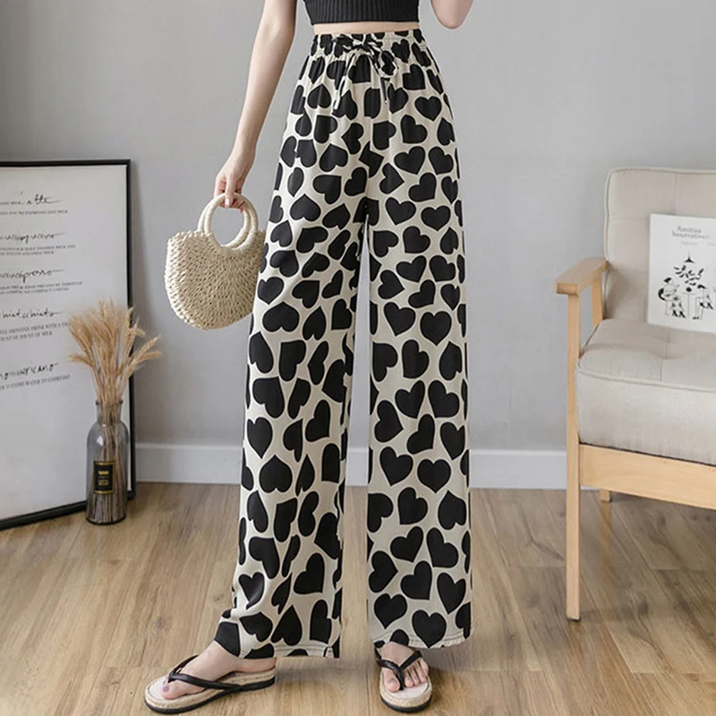 New Fashion Love Print Long Pants Female Casual Pants Summer New Women's Korea Style Wild Loose Wide-Leg Long Trousers For Women