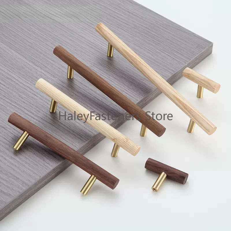 Natural Walnut + Brass Furniture Handle Kitchen Cabinet Door Handles Drawer Pulls Wooden Long Handles for Furniture Hardware