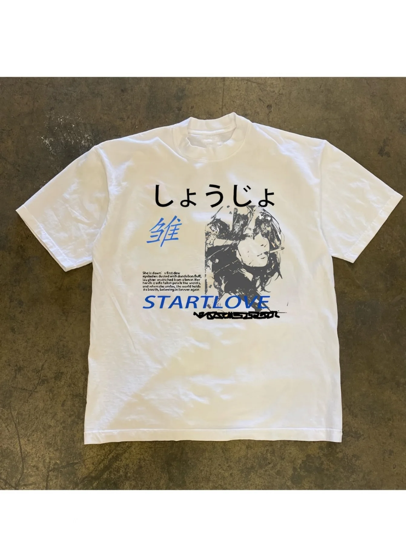 Japanese Graphic T-shirt for Both Men  White Round Neck T-shirt with START LOVE Text, Retro T-shirt Art Print, Street Style