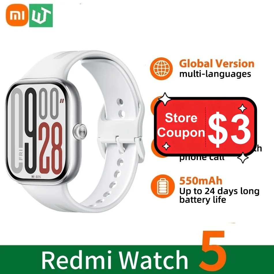 

Global Version Xiaomi Redmi Watch 5 Bluetooth Phone Call 2.07'' AMOLED Screen Health Monitoring 24 Days Battery Mi Smartwatch