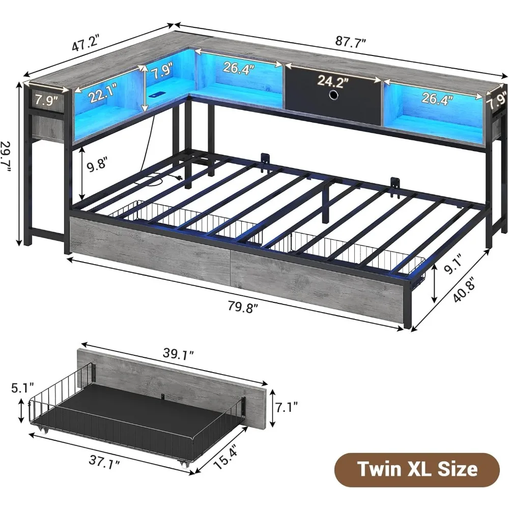 Estructura de cama esquinera con librería de almacenamiento, sofá cama doble XL con cajones de almacenamiento debajo, con estación de carga y luz LED