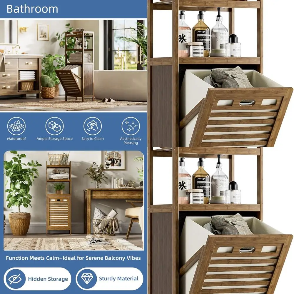 

Space-Saving Bamboo Laundry Hamper with Removable Basket & 3 Shelves, Ideal for Clothes, Towels, and Toys