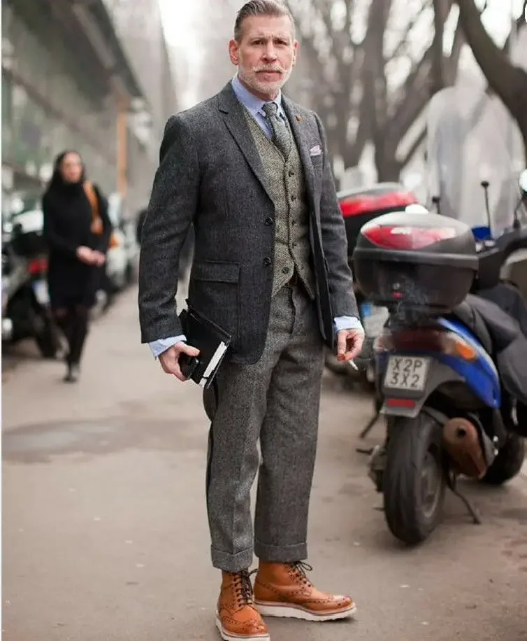 Traje de Tweed de espiga gris para hombre, esmoquin Vintage para novio, Ternos formales, trajes de boda para hombre, traje clásico de 3 piezas