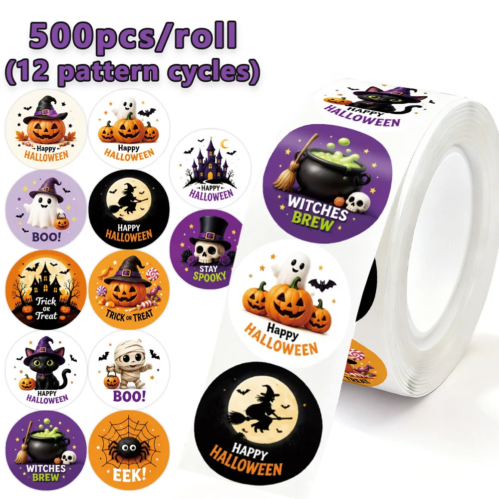 500pcs Per Roll Halloween Graffiti Illustrated Seal Stickers, Gift Box Packaging Sealing Tape DIY Decor Label for Holiday Party Gift - view 6
