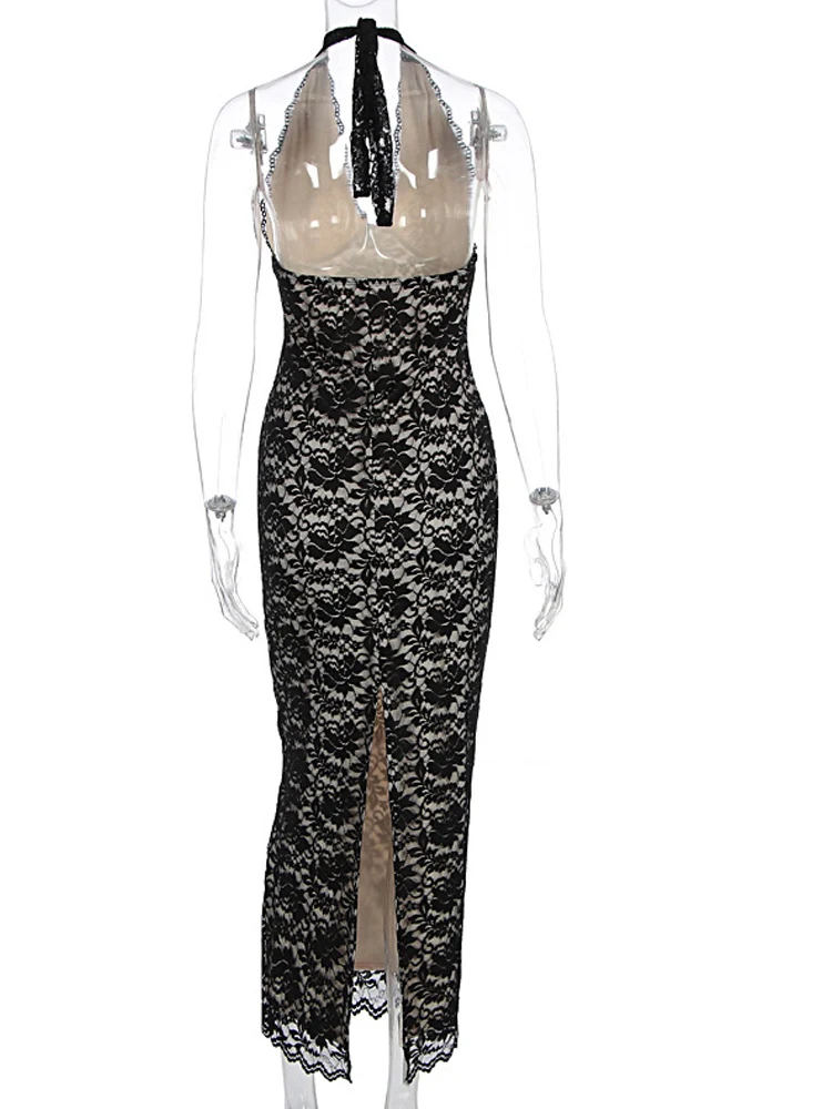 فستان Kricesseen مثير للنساء باللون الأسود برقبة رسن من الدانتيل ميدي فستان جديد للسيدات شفاف من الدانتيل مُزين بالزهور ملابس حفلات الكوكتيل #5