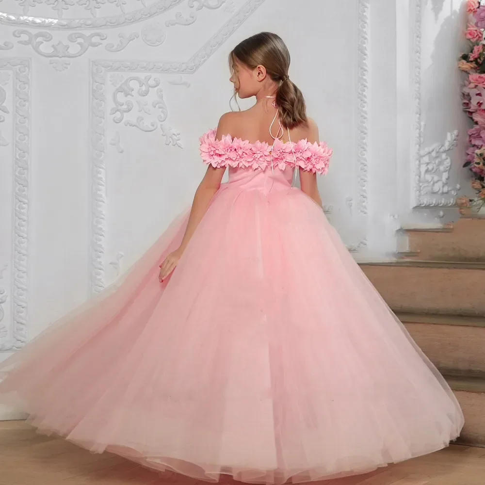 Abiti da ragazza di fiore verde per matrimonio Applique 3d in tulle con spalle scoperte Festa di compleanno per bambini Prima comunione Abito da ballo di Natale