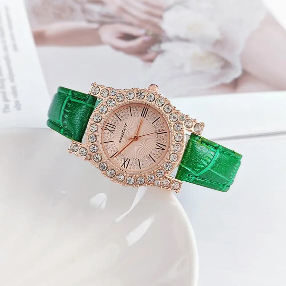 Relógio de cinto feminino com mostrador estilo strass, elegante relógio de quartzo feminino, pulseira de couro sintético ajustável, alta precisão para os negócios