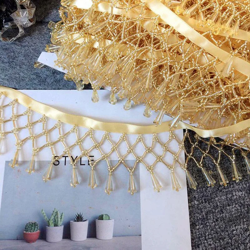 

90cm Tassel Fringe Trim Crystal Beaded Lace Trim Embroidery Lace Fabric DIY Curtain Dress Sewing Garment Headdress Materials
