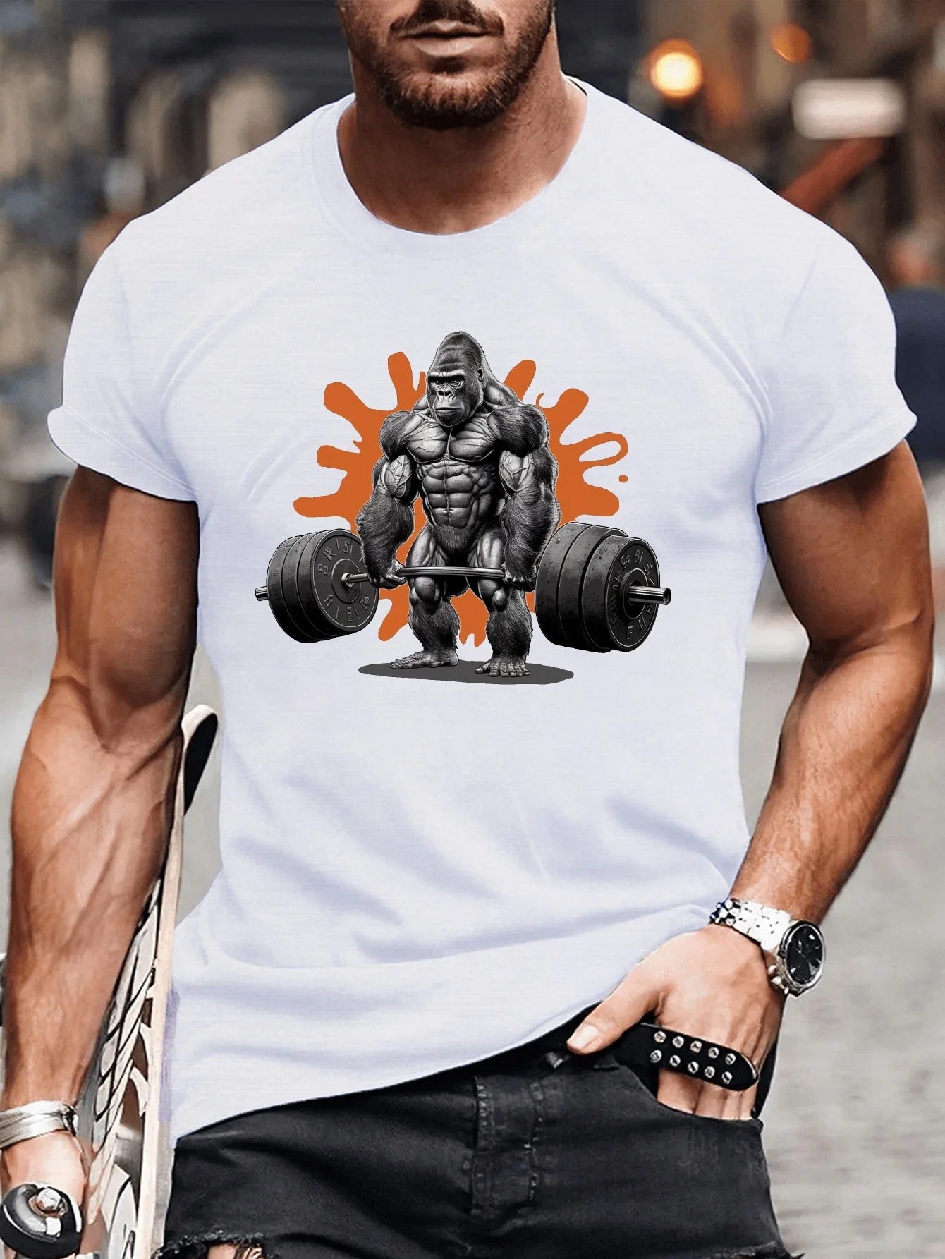 Men Short Sleeve Crew Neck T‑Shirt Weightlifting Gorilla Barbell Fitness Splash Print Gym Casual Tops