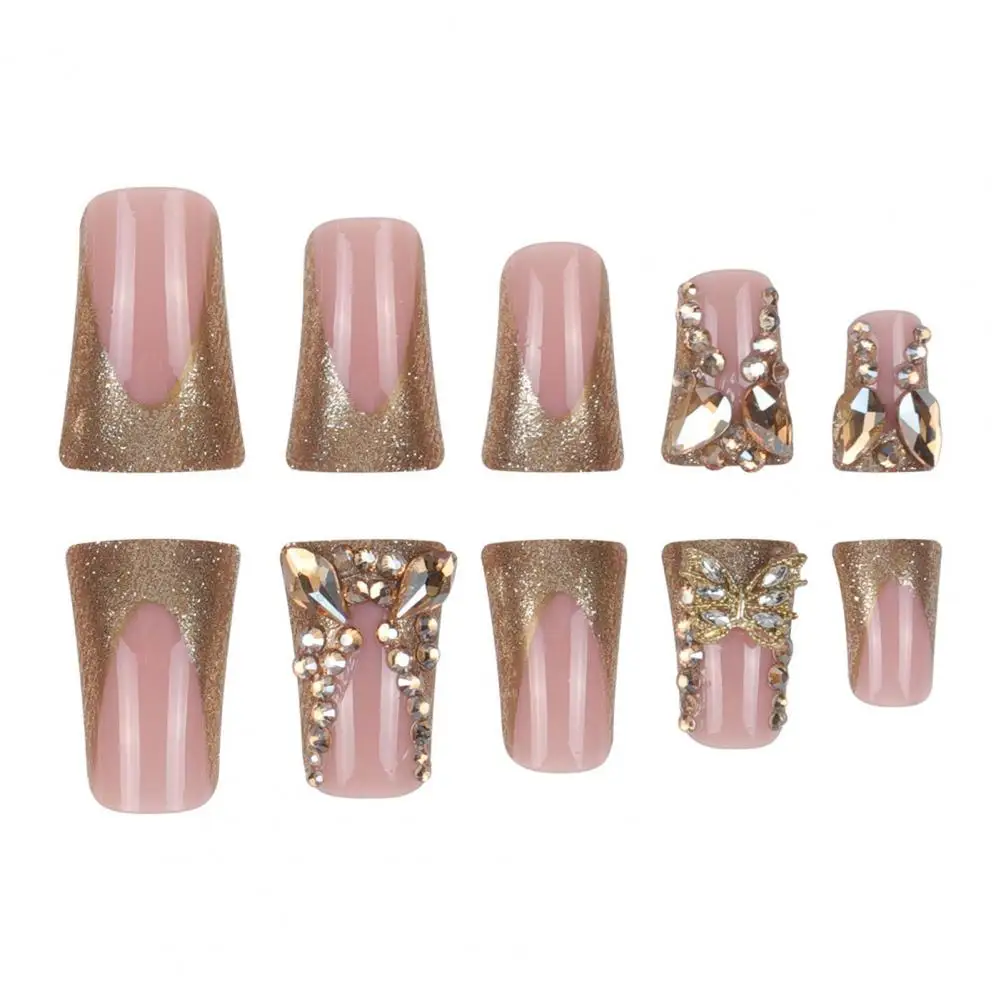 Plastic Press-on Nails Golden Butterfly Rhinestone Fake Nails Set Long Nail Extensions for Women Full Cover Press on for Home