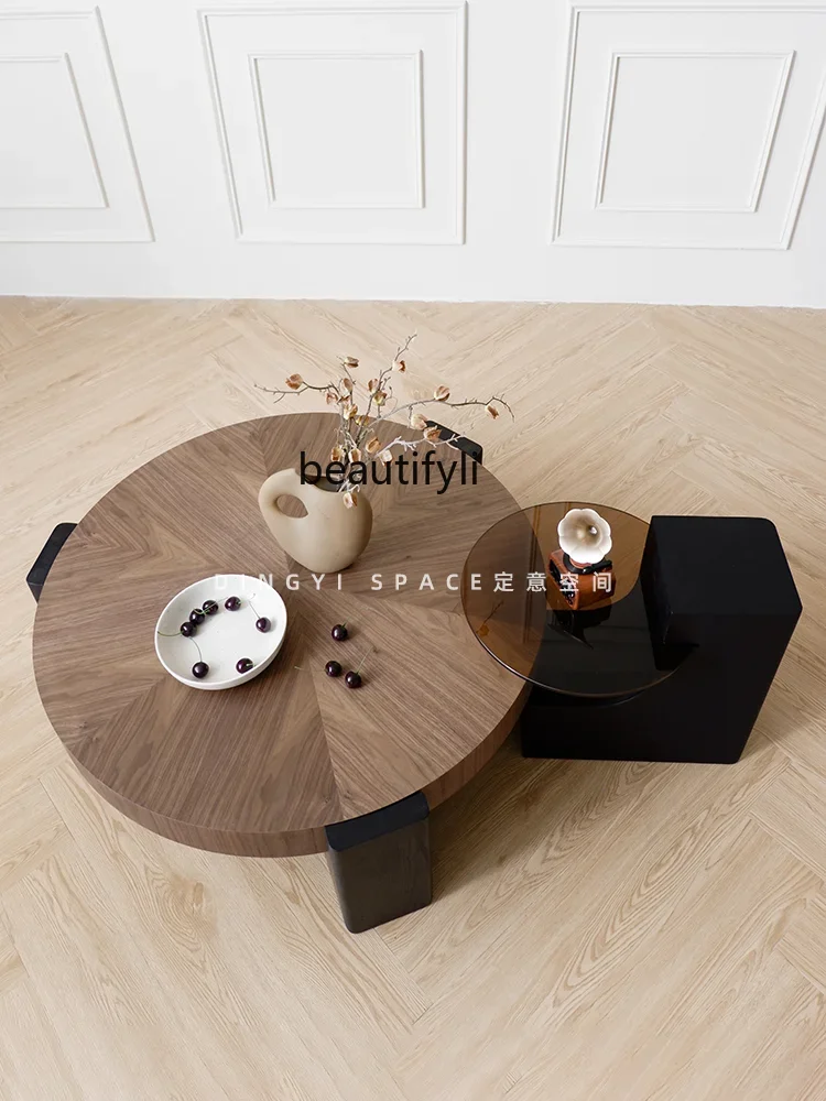 Medieval style round coffee table household combination retro coffee table small apartment spade wood grain tea table