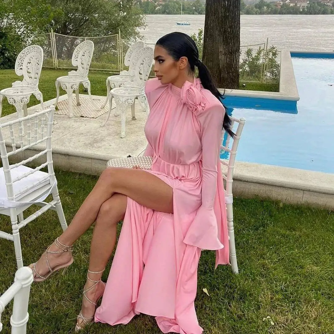 

Женское элитное платье с глубоким V-образным вырезом, вырезами и драпировкой, плиссированное, с объемными цветами, длинная юбка