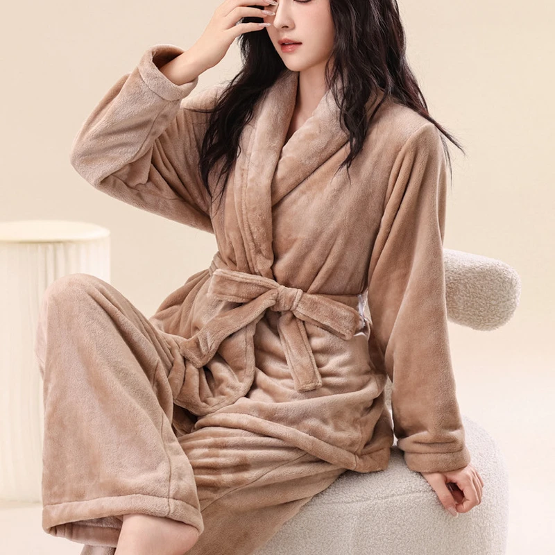 

Women's Autumn Winter Thick Warm Flannel Sleepwear Loungewear Female 2PCS Coral Fleece Pajamas Long Sleeved Trouser Pyjamas Suit