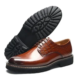 Luxury Genuine Leather Derby Shoes Men's Casual Shoes Soft Black Sole Crocodile Print Business Social Gentleman Sneaker Man