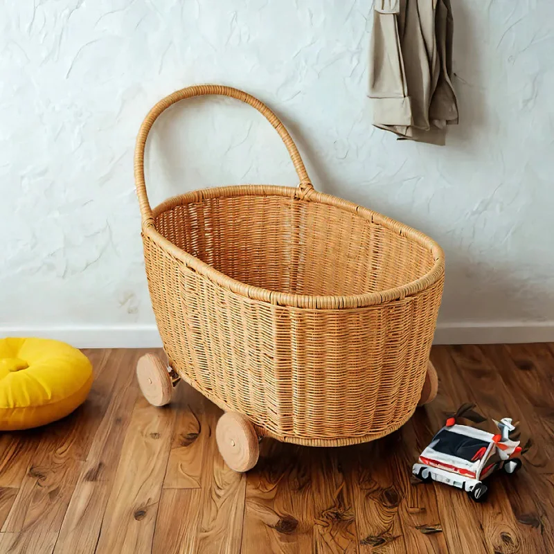 

Wicker Storage Basket Large Capacity Rolling Toy Organizer for Kids Plush Animal Storage Bin Nursery Playroom Organizer Cart