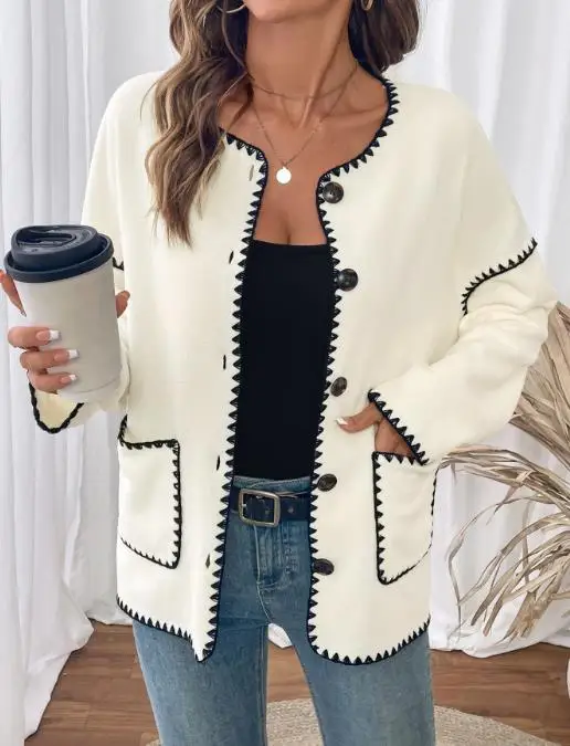 

Women's Jacket 2025 Popular Autumn and Winter Fashion Items for Commuting Leisure Loose White Trimmed Fleece Jacket for Women