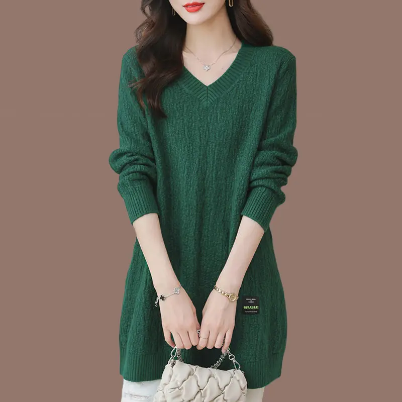 Women's Pullover Solid V-Neck Mid Length Sweater Loose Plus Size Autumn and Winter Female Clothing Fashion Long Sleeve Knit Tops