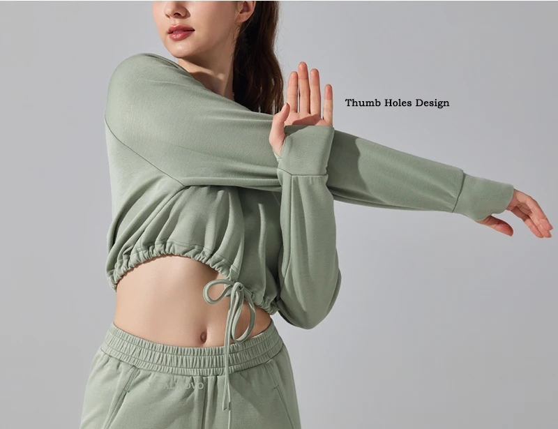 VITALINOVO Weiches, kurzes Sweatshirt mit Rundhalsausschnitt für Damen, langärmelig, Workout-Pullover, Pullover, Daumenlöcher, entspannte, leichte Oberteile – Detail 6