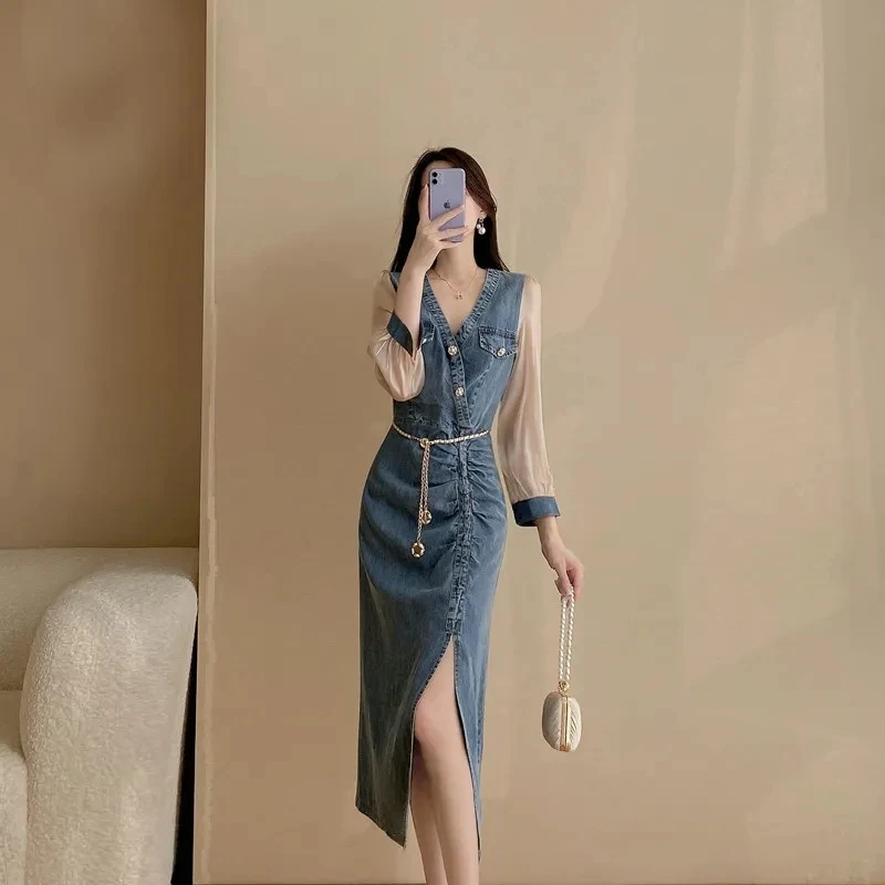 Ladies V-Neck New Spring Long Sleeve Receive High Waist Denim Slit Tight Irregular Dress Women