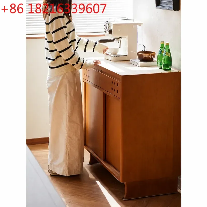 YAORetro Solid Wood Dining Side Cabinet with Travertine Top Multifunctional Storage Locker Tea Table for Restaurant and Home Use