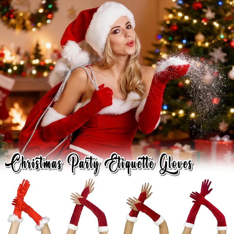 

Красные рождественские перчатки 30/40/55 см, блестящие бархатные аксессуары для новогодней вечеринки, перчатки с открытыми пальцами/пальцами для детей и взрослых