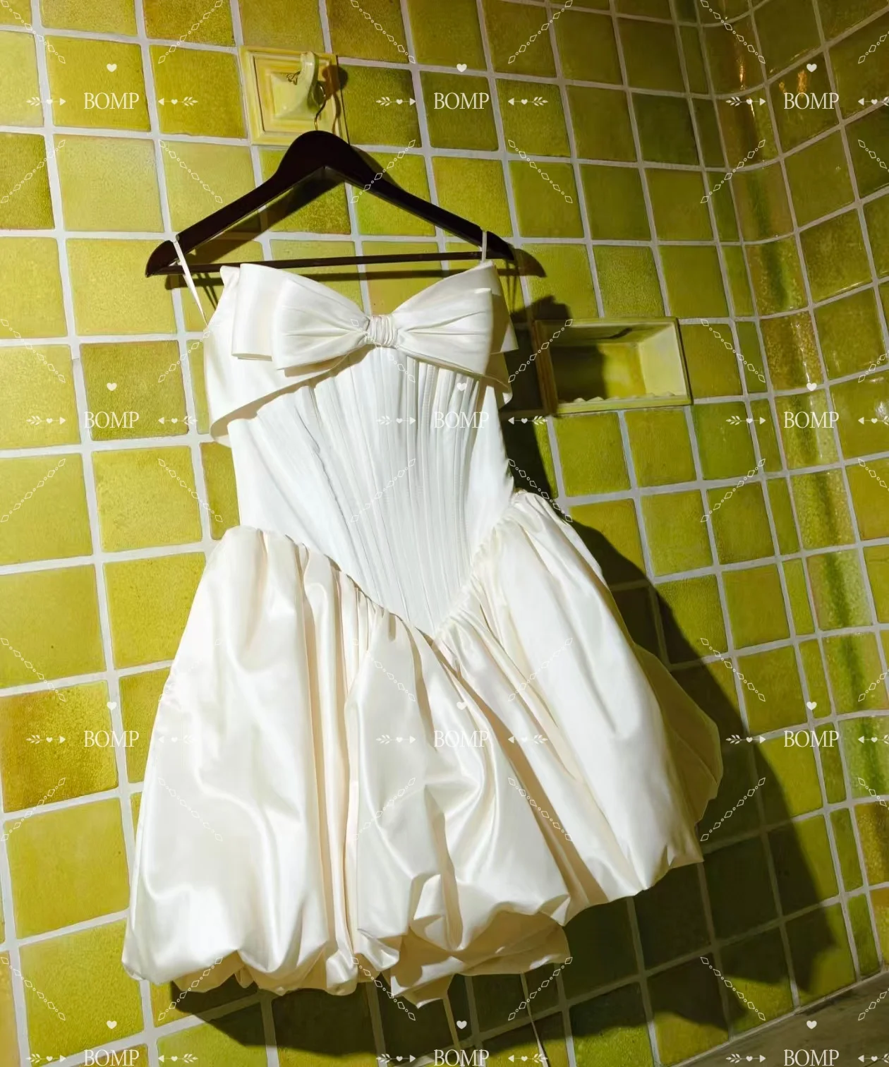 BOMP Vintage Mini robe de soirée de mariage sans bretelles nœud drapé a-ligne ivoire Satin Occasion spéciale courte femme robe de bal personnalisé