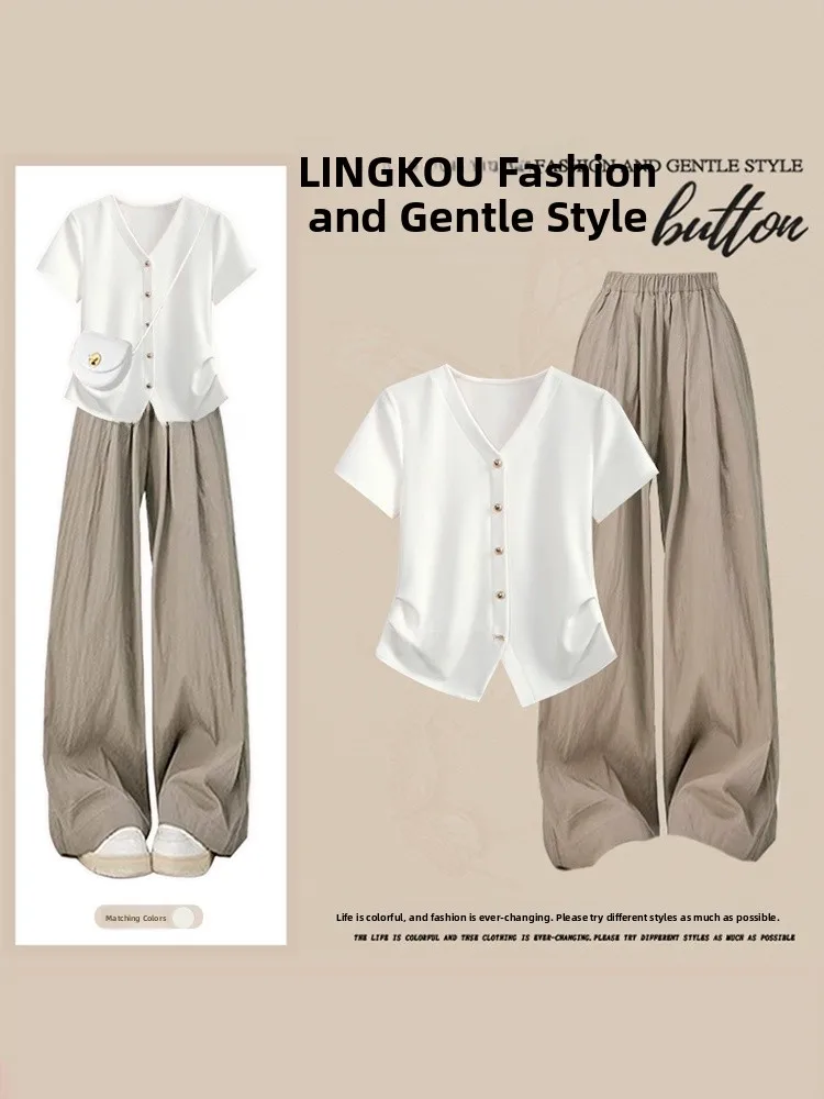 

Летний повседневный комплект больших размеров: модная женская футболка с коротким рукавом и завышенной талией, брюки-палаццо свободного кроя, визуально стройнящие фигуру, комплект из двух предметов.