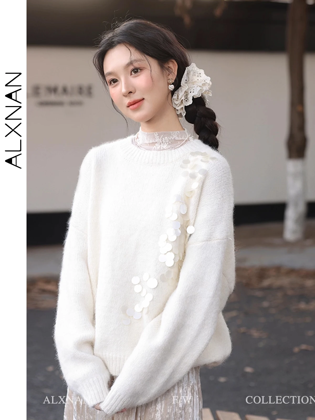 ALXNAN Damski Sweter z Okrągłym Dekoltem, Ozdobiony Brokatem, Dzianinowy Pulower, Nowy, Luźny Krój, Elegancki, Miękki Sweter na Jesień i Zimę L52669