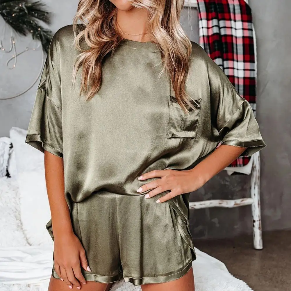 Frauen Frühling Herbst 2 stücke Satin Pyjama Set Kurzarm Button Up Shirt und lässig lose elastische Hosen Nachtwäsche Lounge wear