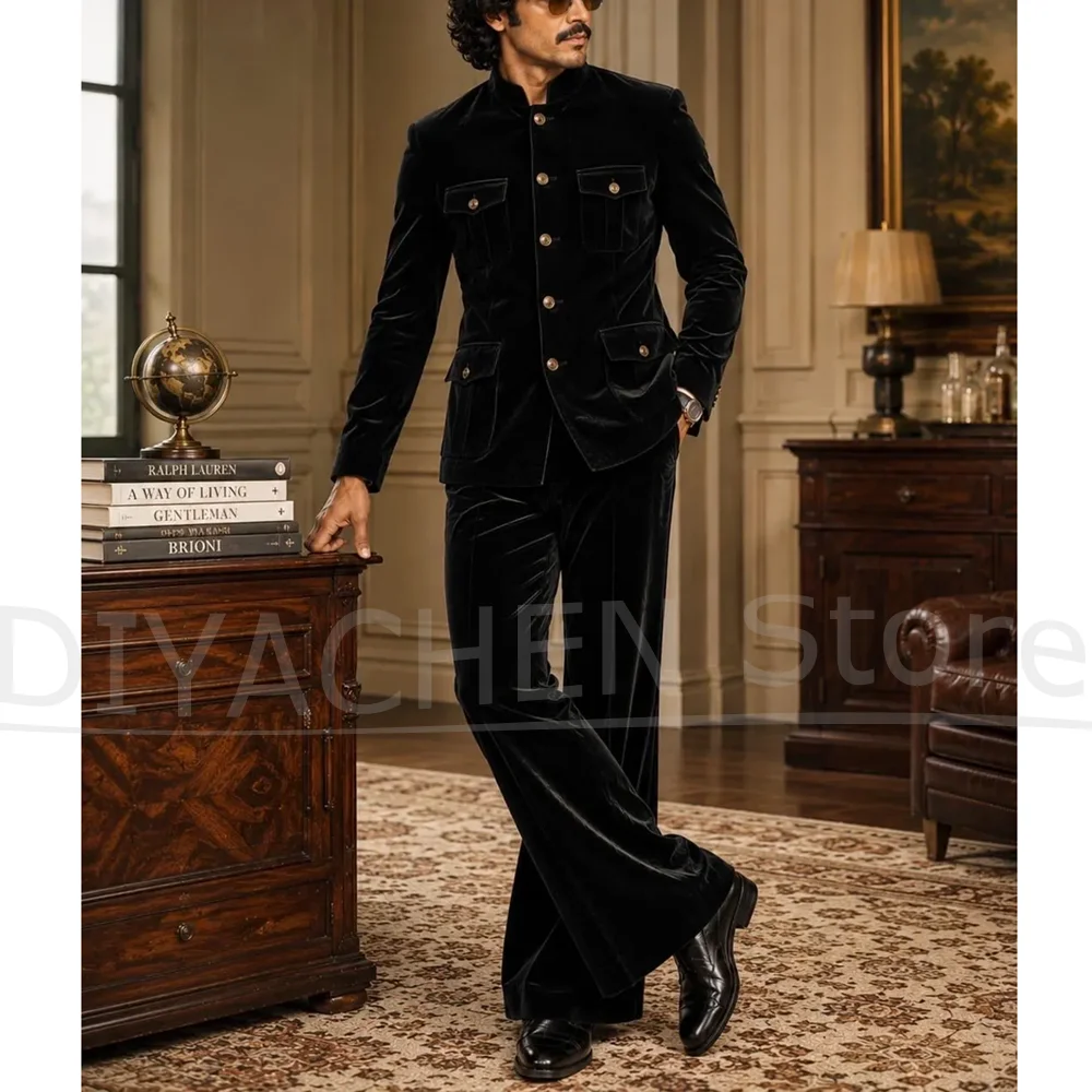 Mens Black Velvet Two Piece Suit Chic Mandarin Collar Multi Pocket Outfit Fashion Wedding Groom Evening Formal Party Tuxedo