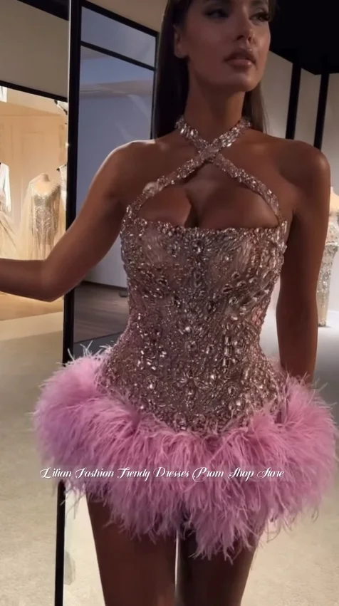 Custom Gorgeous Beaded Appliqué Strapless Cocktail Dress Feather Mini Skirt Hem Special Occasion Prom Dress Birthday Party Dress