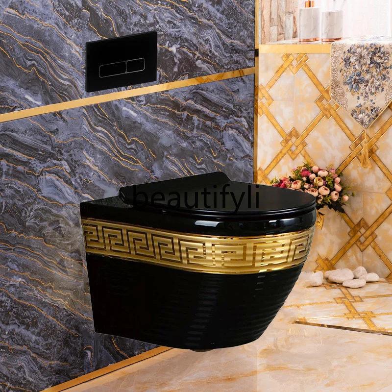 Wall-Mounted Toilet Black Color Gold Wall Drainage Concealed Cistern Ceramic Suspended Toilet