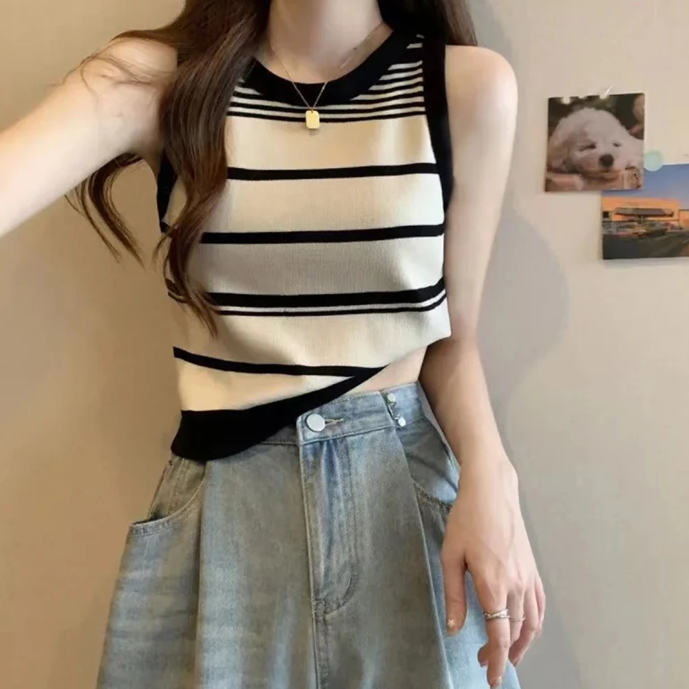 Top corto a righe Top casual da donna Stile basic Completo quotidiano Tessuto microelasticità Top casual senza maniche basic